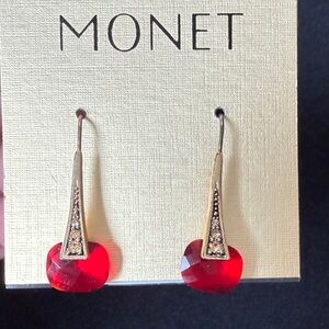 Monet Red Stone with Gold Rhinestone Earrings in Gold Tone